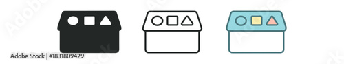 shape sorter icons three toy box silhouettes with circle triangle cutouts one flat solid monochrome one thin black outline black and white one full color flat icon soft baby colors