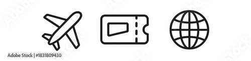 minimal icons airplane black outline ticket black outline globe black outline