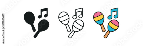 music for kids icons three small drum maracas and note silhouettes grouped one flat solid monochrome one thin black outline black and white one full color flat icon bright playful tones
