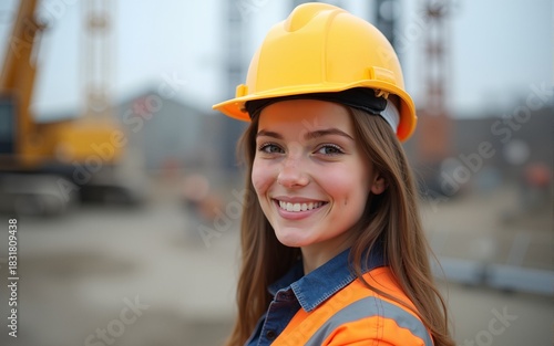 Portraits of a female engineer at construction site. High quality