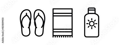 minimal icons flip flops black outline beach towel black outline sunscreen bottle black outline