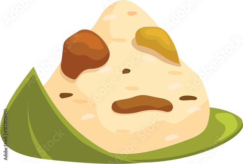 Traditional chinese zongzi rice dumpling with sweet filling served on a green leaf, celebrating dragon boat festival