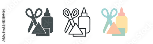 craft time icons three scissors glue and paper shapes grouped one flat solid monochrome one thin black outline black and white one full color flat icon pastel craft palette