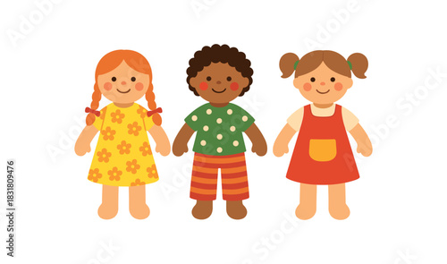 Flat vector illustration textile dolls with simple clothing patterns rounded limbs bright cheerful colors