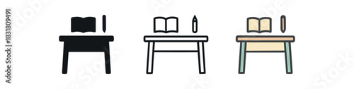 classroom desk icons three small desk silhouettes with book and pencil one flat solid monochrome one thin black outline black and white one full color flat icon beige and mint