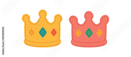 Flat vector illustration 2 soft fabric crowns with tiny stitched jewels rounded forms bright palette