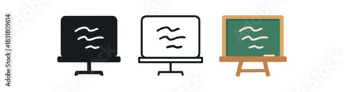 classroom board icons three small chalkboard or whiteboard silhouettes with simple line scribbles one flat solid monochrome one thin black outline black and white one full color flat icon