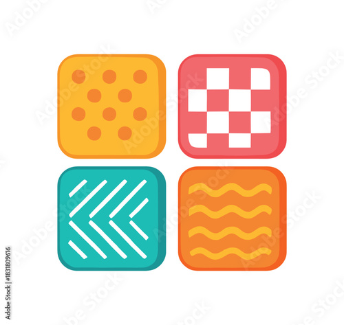 Flat vector illustration 4 toy blocks with simple textile patterns rounded edges bright playful colors