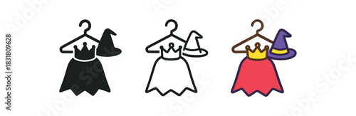 dress up play icons three small hanger silhouettes with cape crown and hat shapes one flat solid monochrome one thin black outline black and white one full color flat icon bright costume
