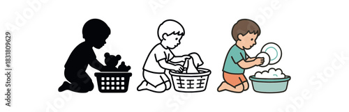 kids chore icons three small child silhouette helping with toy basket laundry and dishes one flat solid monochrome one thin black outline black and white one full color flat icon soft
