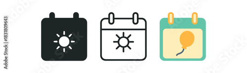 kids calendar icons three calendar silhouettes with sun and balloon for special days one flat solid monochrome one thin black outline black and white one full color flat icon mint and