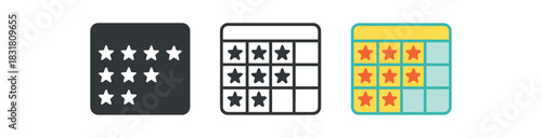 reward chart icons three grid board silhouettes with small sticker shapes one flat solid monochrome one thin black outline black and white one full color flat icon bright motivational