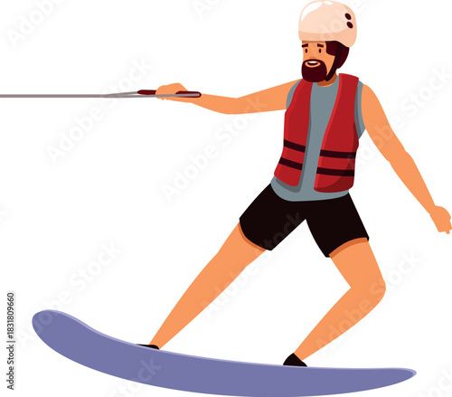 Wakeboarder wearing helmet and life jacket surfing on water