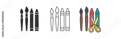 art supply icons three grouped paintbrush crayons and scissors silhouettes one flat solid monochrome one thin black outline black and white one full color flat icon bright art colors