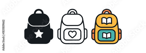 kids backpack icons three backpack silhouettes with tiny heart and book symbol one flat solid monochrome one thin black outline black and white one full color flat icon playful school colors