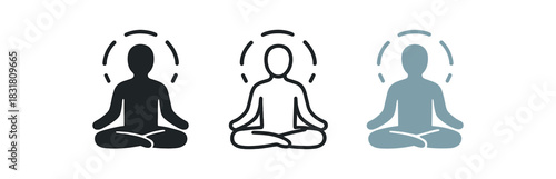 mindfulness meditation icons three minimal person silhouettes sitting cross legged with calm aura line one flat solid monochrome one thin black outline black and white one full color flat