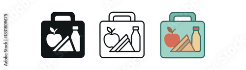 snack box icons three lunchbox silhouettes with fruit sandwich and drink shapes one flat solid monochrome one thin black outline black and white one full color flat icon soft fresh palette