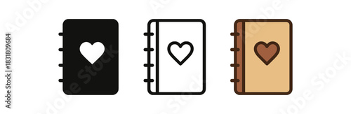 gratitude journal icons three notebook icons with small heart symbol one flat solid monochrome one thin black outline black and white one full color flat icon warm neutral tones