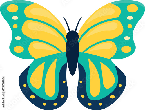 Yellow and teal butterfly with black body and dots on wings