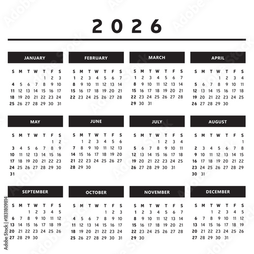 Calendrier 2026 en Anglais - Couleurs Noir et Blanc Format 4 Colonnes 4 Trimestres Vecteur