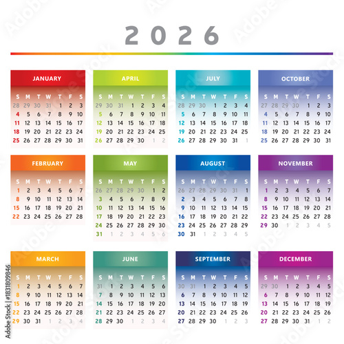 Calendrier 2026 en Anglais - Couleurs Arc-en-Ciel Format 4 Colonnes 4 Trimestres Vecteur