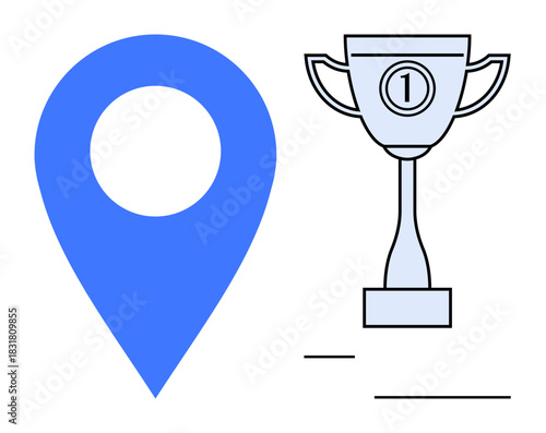 Achievement symbol. A blue location pin and a trophy highlight success in specific goals or areas. Achievement in competition, mapping goals or business targets. Useful for business, education