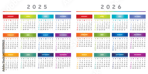 Calendrier 2025 et 2026 en Anglais - Couleurs Arc-en-Ciel Multicolore Format 4 Trimestres Vecteur