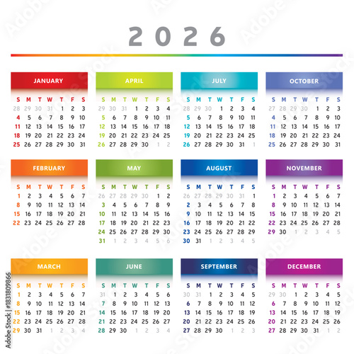 Calendrier 2026 en Anglais - Couleurs Arc-en-Ciel Format 4 Colonnes 4 Trimestres Vecteur
