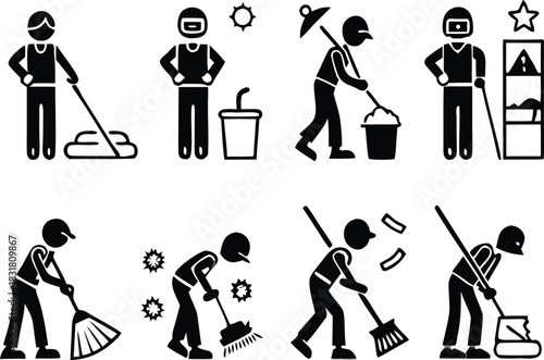 Cleaning Crew Iconography Illustrating Various Janitorial Tasks, Ensuring Cleanliness and Hygiene, Ideal for Service Promotions and Safety Campaigns, Originally Vector Art