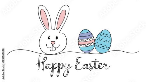 Minimalist single line drawing of a happy bunny face with expressive eyes and a gentle smile