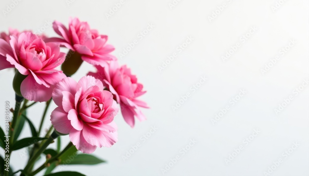 Fototapeta premium Several fresh pink carnations, studio shot, pristine white background , petals, vivid