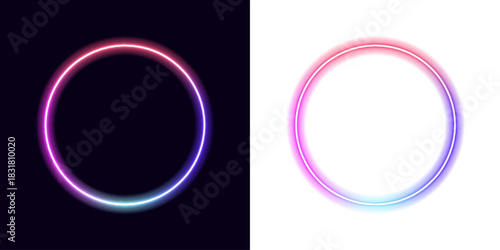 Glowing neon circle with futuristic frame on transparent PNG. Vector illustration with electric pink and blue highlights. Abstract neon circle design for digital artwork.