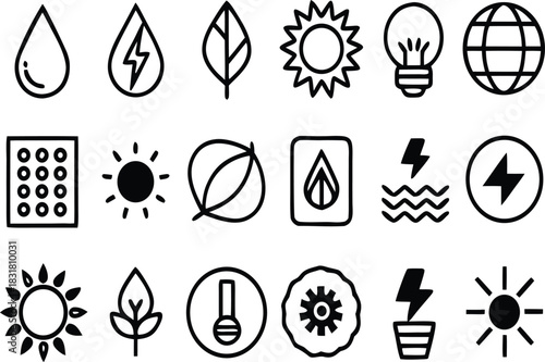 Eco-Friendly Energy Solutions Icons Collection Showcasing Renewable Resources and Sustainable Practices for a Greener Future, Originally Designed as a Scalable Vector Graphic
