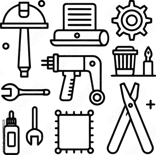 Essential construction and engineering tools expertly arranged in a modern line art style, perfect for your next project requiring precision and innovation with a transparent touch