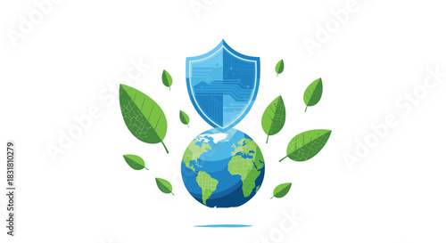 Earth Protected by Shield Surrounded by Green Leaves, Generative AI.