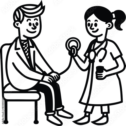 Friendly doctor checking patient with stethoscope, offering caring healthcare in a simple, professional line art, symbolizing wellness, trust, and medical expertise