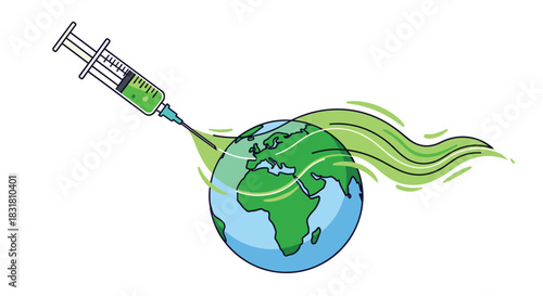 Earth receives a green injection from a syringe symbolizing global health and environmental care, Generative AI.
