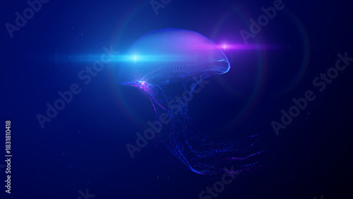 Jellyfish shape composed of flowing data particles, symbolizing neural network or AI learning model. Visualizes complex data flow, algorithmic patterns for tech presentations and data science content.