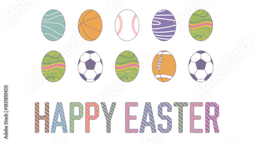 Playful grid of easter eggs decorated with various sports equipment and symbols on a clean background