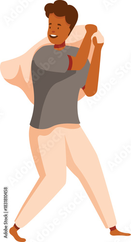 Young smiling male volunteer carrying heavy donation bag, providing humanitarian aid, social care and community support