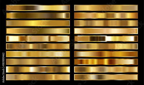 Collection of editable golden gradient samples in vector format, perfect for graphic designers. Perfect for holiday designs, wedding stationery, award certificates and corporate identity projects