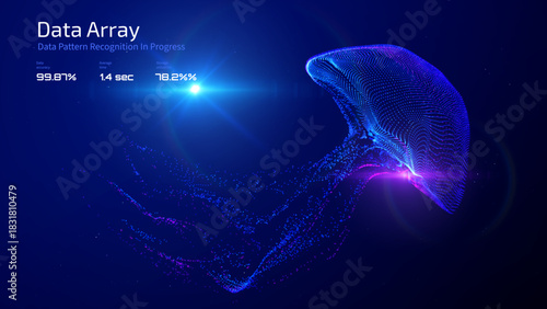 Jellyfish shape composed of flowing data particles, symbolizing neural network or AI learning model. Visualizes complex data flow, algorithmic patterns for tech presentations and data science content.
