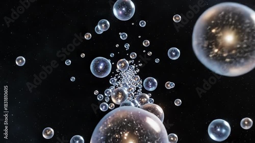 Abstract visualization of the multiverse theory with many bubble universes floating in dark space with bright stars inside