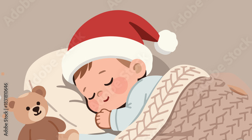 Young boy sleeping peacefully with teddy bear wearing Santa hat  
