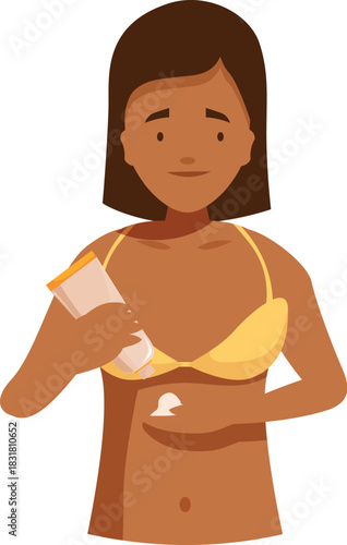 Young woman applying sunscreen lotion on her body for sun protection