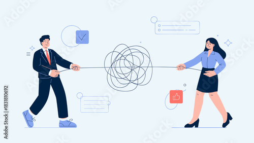 business people untangling a complex knot, vector illustration for problem-solving, teamwork, and simplifying complexity