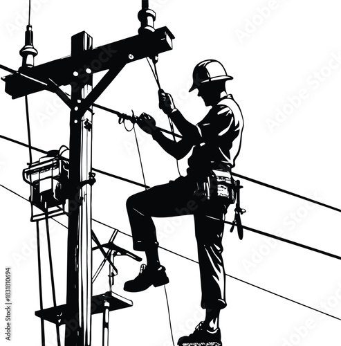 Skilled electrician silhouette working at height on power pole, ensuring reliable power supply, vector illustration, safety and expertise, essential services