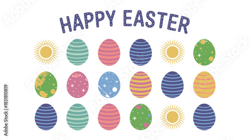 Whimsical grid of colorful easter eggs with a magical celestial starry night sky background