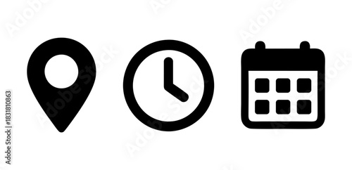Calendar, clock, and location pin icons. Time, date, and address icon vector set for events, banner, poster, meeting, agenda, invitation and business cards
