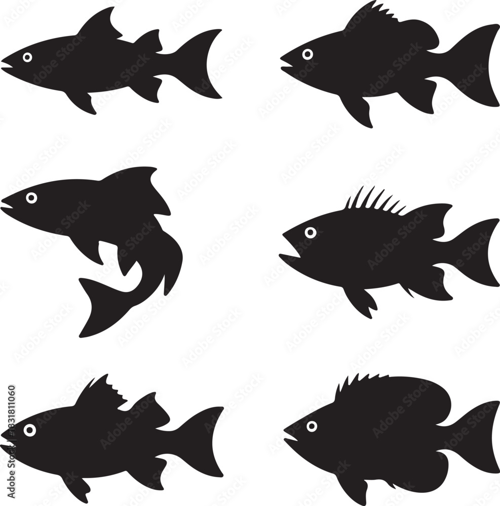 Fototapeta premium Black and white illustration showing different types of fish icons